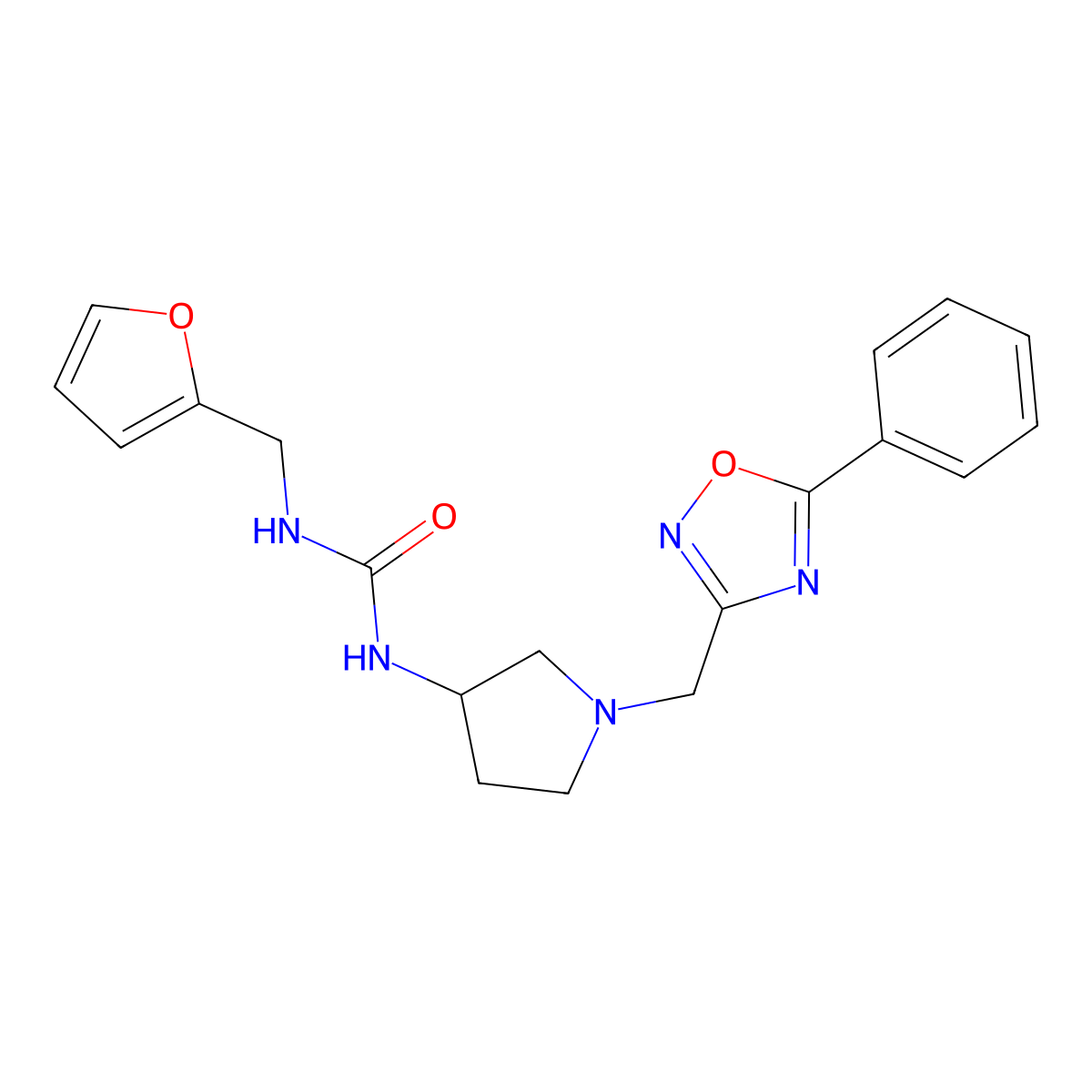 1-(Furan-2-ylmethyl)-3-(1-((5-phenyl-1,2,4-oxadiazol-3-yl)methyl)pyrrolidin-3-yl)urea molecular structure, CAS 1396781-62-6