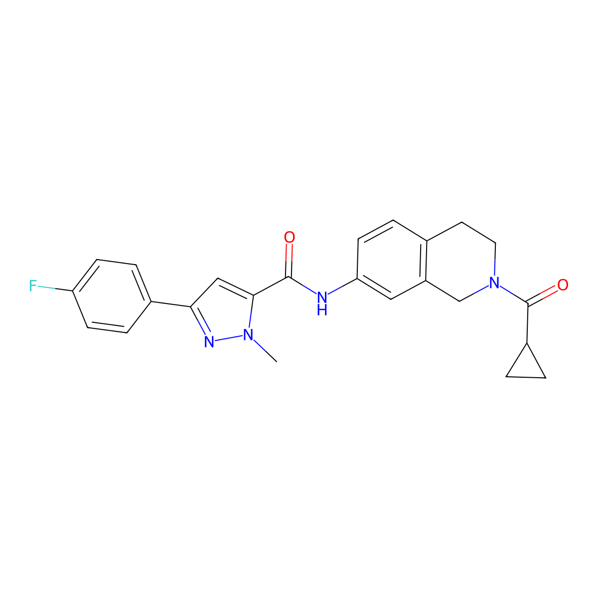 N-(2-(cyclopropanecarbonyl)-1,2,3,4-tetrahydroisoquinolin-7-yl)-3-(4-fluorophenyl)-1-methyl-1H-pyrazole-5-carboxamide molecular structure, CAS 1396781-71-7