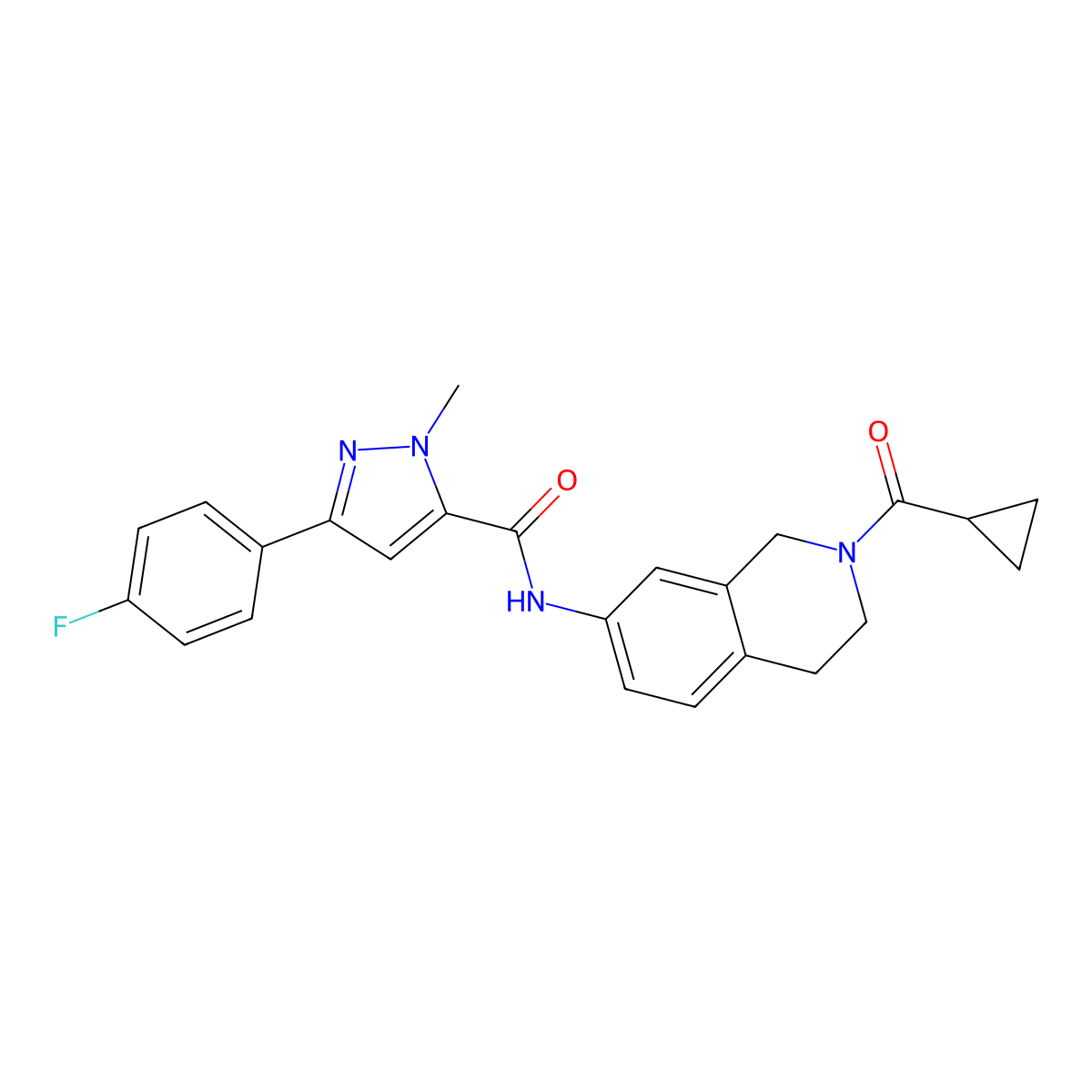N-(2-(cyclopropanecarbonyl)-1,2,3,4-tetrahydroisoquinolin-7-yl)-3-(4-fluorophenyl)-1-methyl-1H-pyrazole-5-carboxamide molecular structure, CAS 1396781-71-7