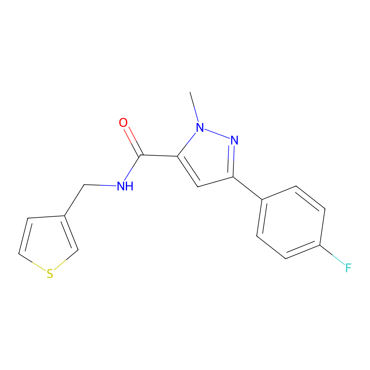 3-(4-fluorophenyl)-1-methyl-N-(thiophen-3-ylmethyl)-1H-pyrazole-5-carboxamide molecular structure, CAS 1396781-82-0