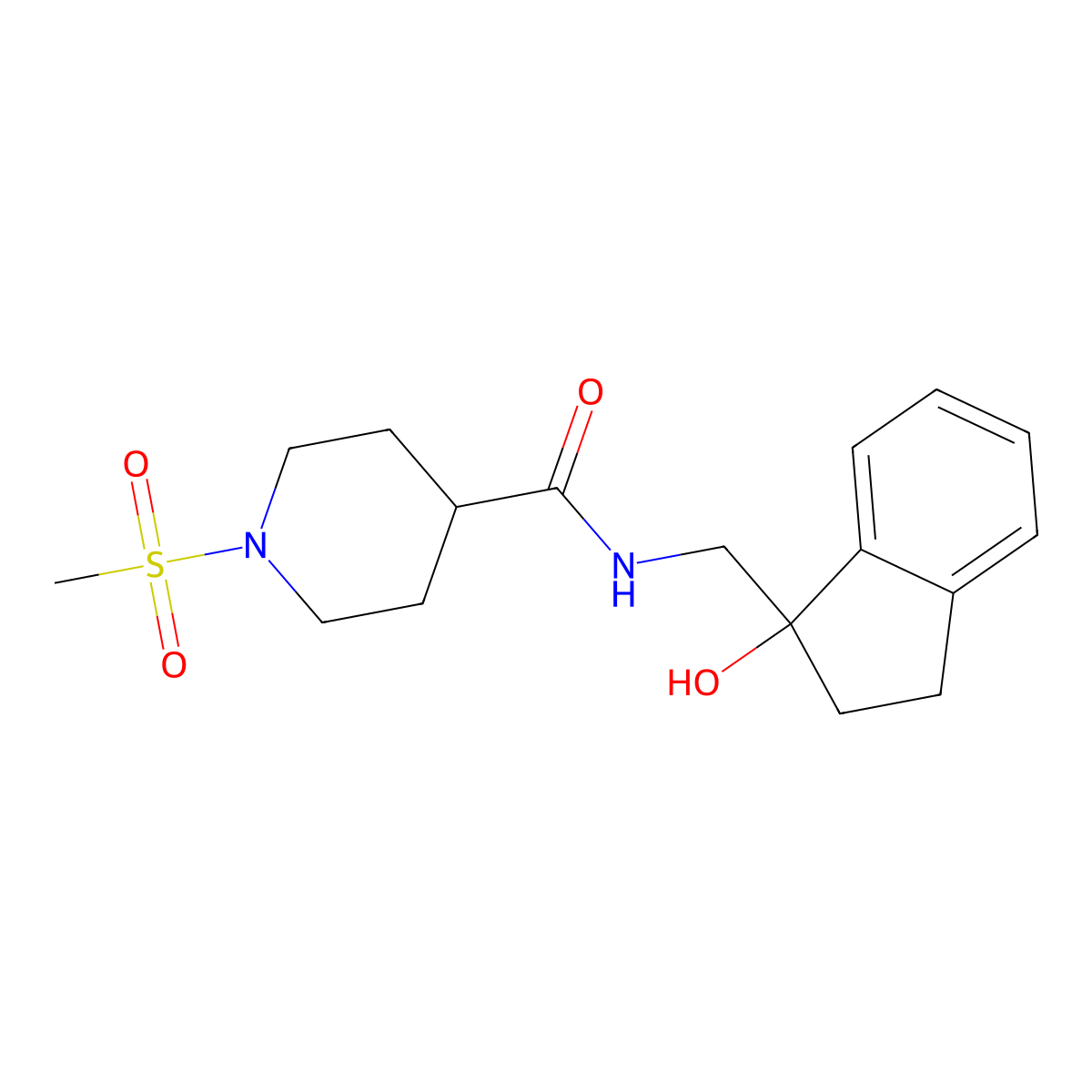 N-((1-hydroxy-2,3-dihydro-1H-inden-1-yl)methyl)-1-(methylsulfonyl)piperidine-4-carboxamide molecular structure, CAS 1396781-91-1