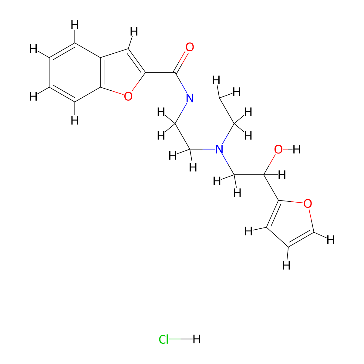 Benzofuran-2-yl(4-(2-(furan-2-yl)-2-hydroxyethyl)piperazin-1-yl)methanone hydrochloride molecular structure, CAS 1396781-96-6