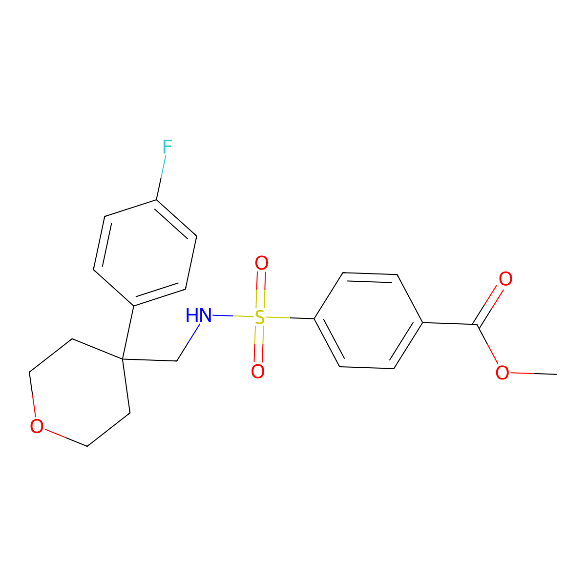 methyl 4-(N-((4-(4-fluorophenyl)tetrahydro-2H-pyran-4-yl)methyl)sulfamoyl)benzoate molecular structure, CAS 1396782-03-8
