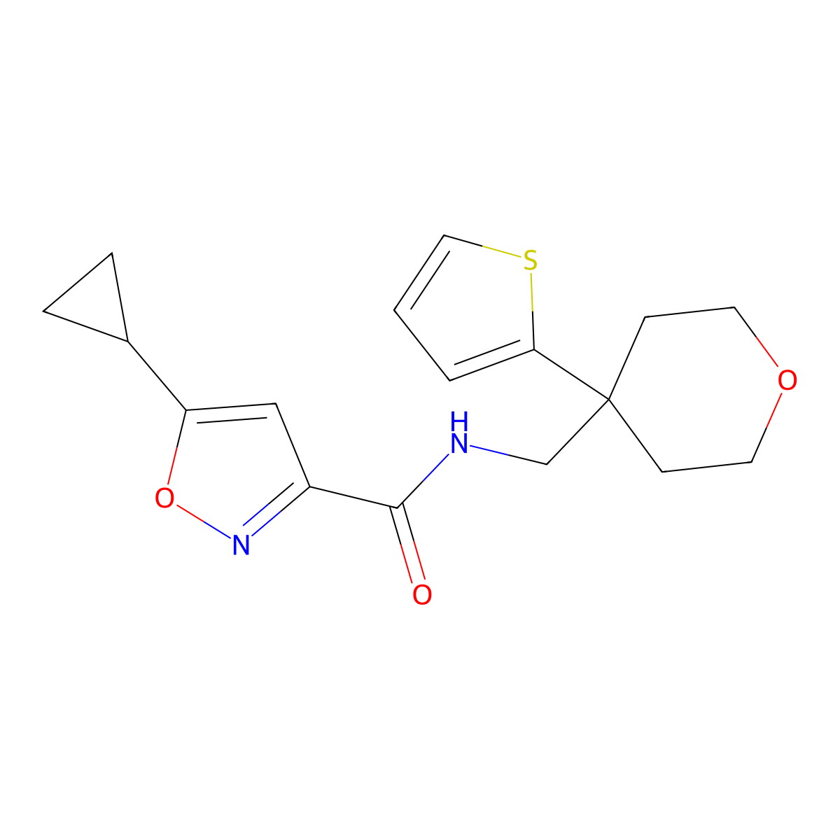 5-cyclopropyl-N-((4-(thiophen-2-yl)tetrahydro-2H-pyran-4-yl)methyl)isoxazole-3-carboxamide molecular structure, CAS 1396782-07-2