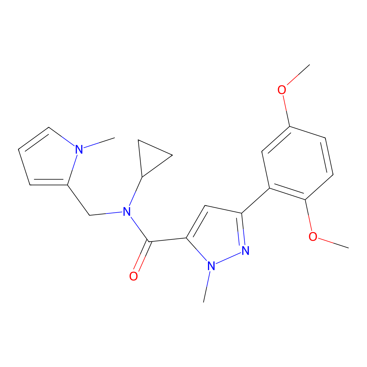 N-cyclopropyl-3-(2,5-dimethoxyphenyl)-1-methyl-N-((1-methyl-1H-pyrrol-2-yl)methyl)-1H-pyrazole-5-carboxamide molecular structure, CAS 1396782-48-1
