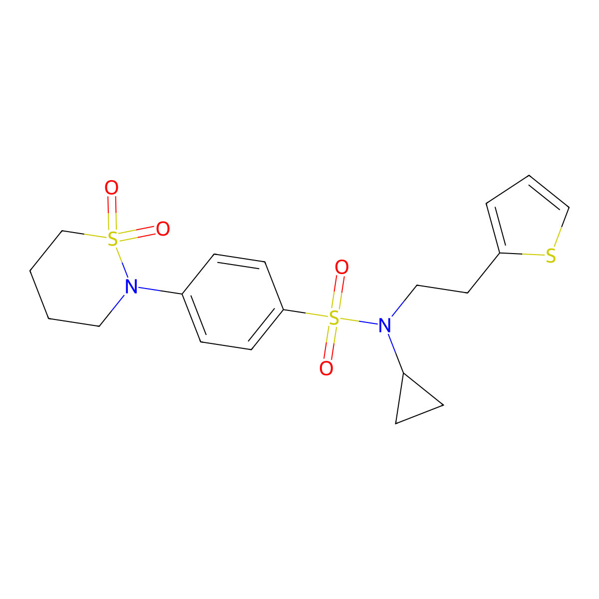 N-cyclopropyl-4-(1,1-dioxido-1,2-thiazinan-2-yl)-N-(2-(thiophen-2-yl)ethyl)benzenesulfonamide molecular structure, CAS 1396782-56-1