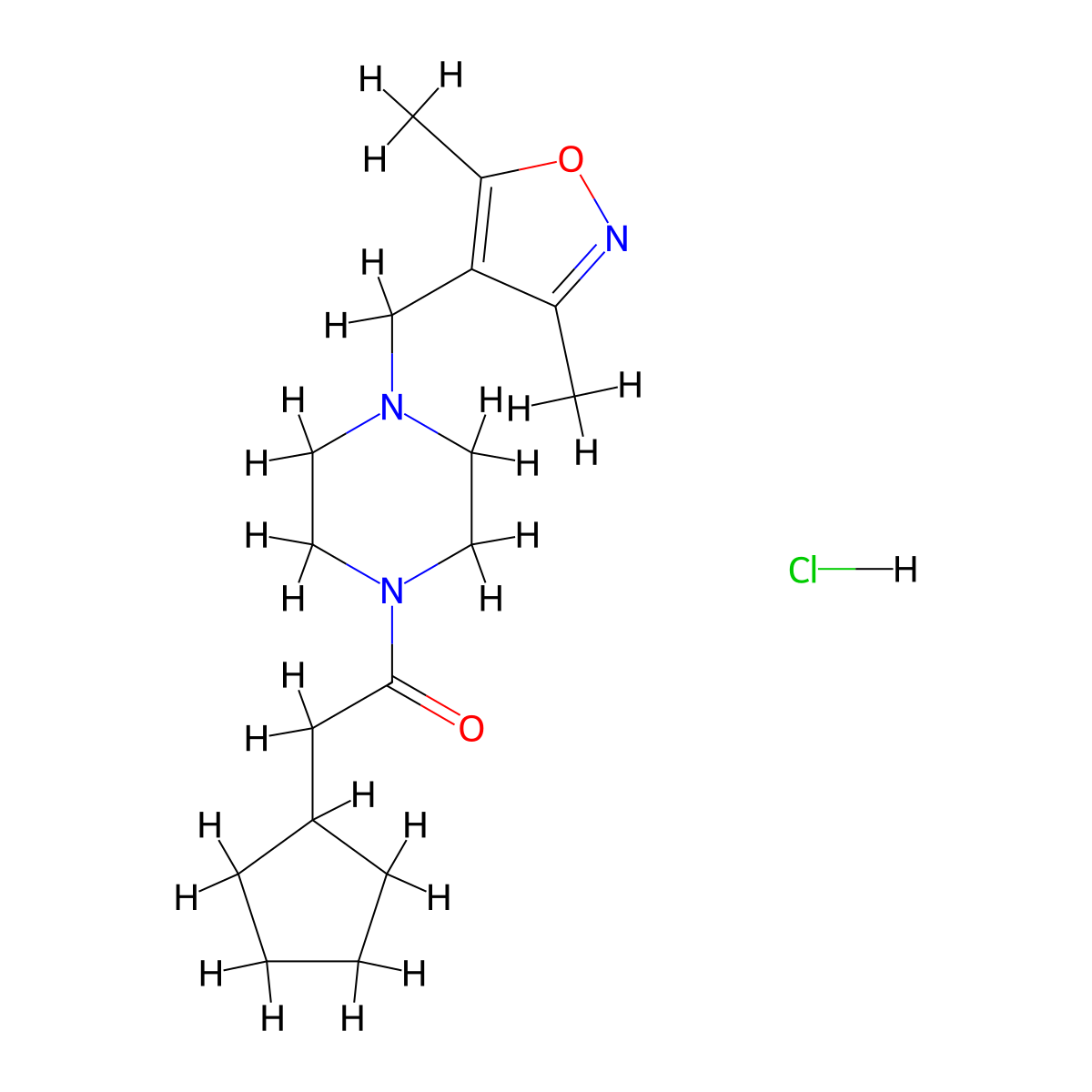 2-Cyclopentyl-1-(4-((3,5-dimethylisoxazol-4-yl)methyl)piperazin-1-yl)ethanone hydrochloride molecular structure, CAS 1396782-59-4