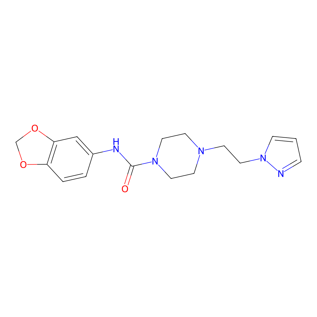 4-(2-(1H-pyrazol-1-yl)ethyl)-N-(benzo[d][1,3]dioxol-5-yl)piperazine-1-carboxamide molecular structure, CAS 1396782-64-1