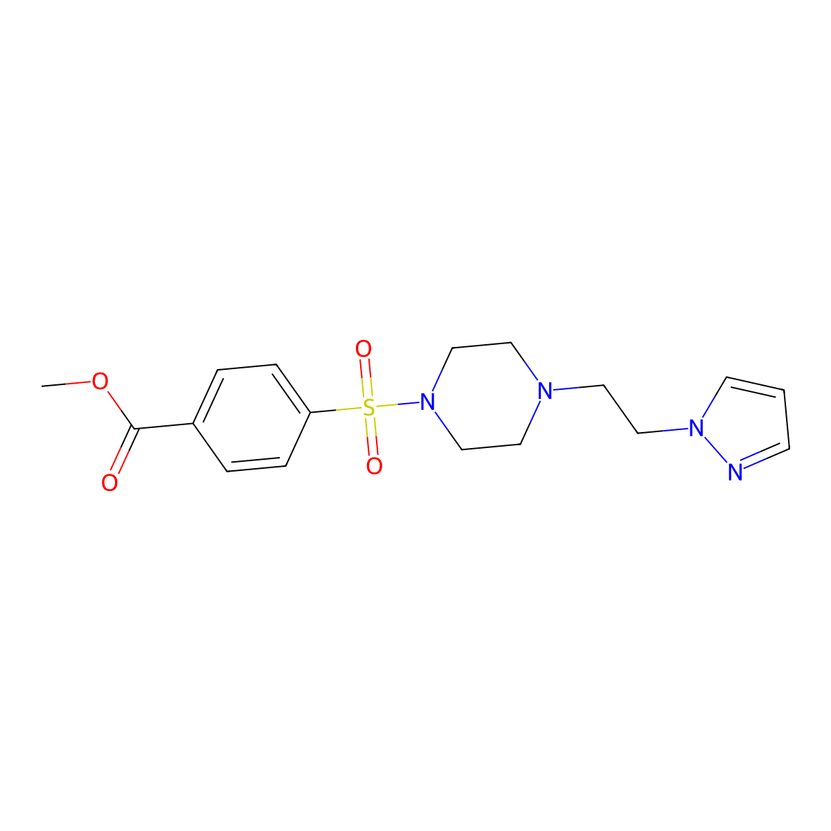 methyl 4-((4-(2-(1H-pyrazol-1-yl)ethyl)piperazin-1-yl)sulfonyl)benzoate molecular structure, CAS 1396782-78-7