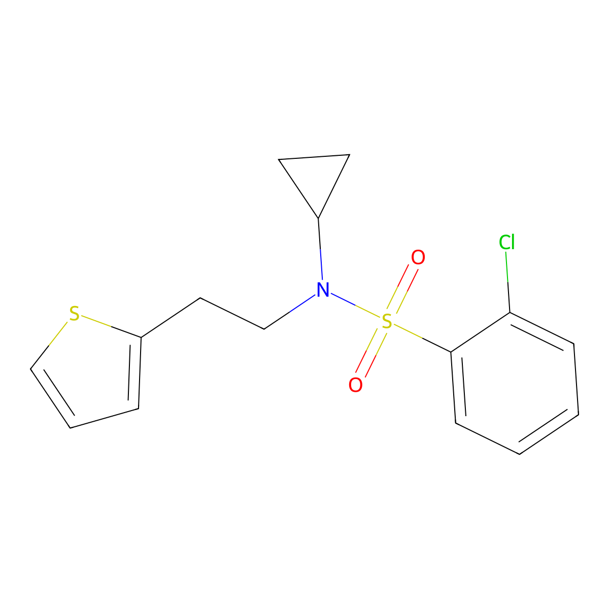2-chloro-N-cyclopropyl-N-(2-(thiophen-2-yl)ethyl)benzenesulfonamide molecular structure, CAS 1396782-81-2