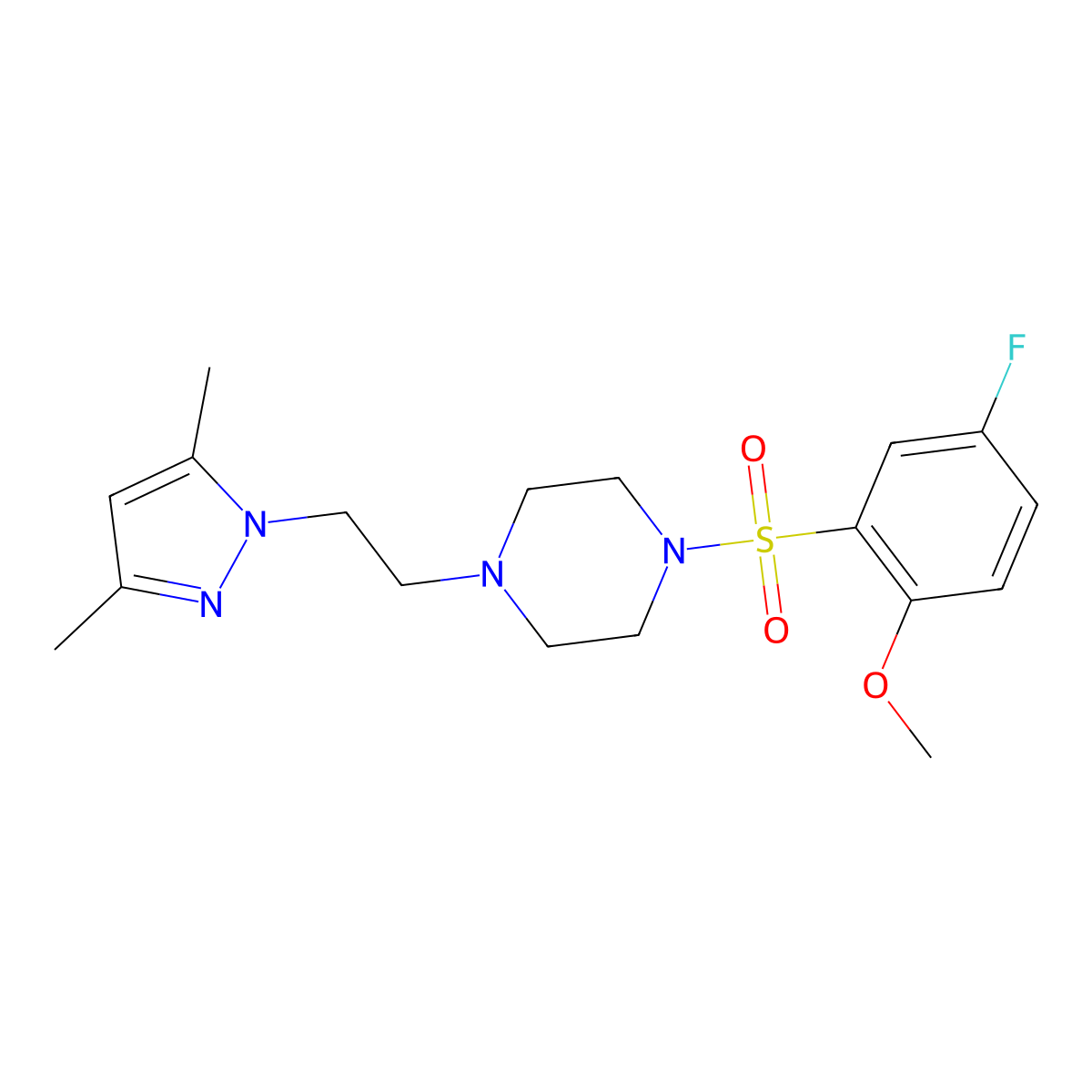 1-(2-(3,5-dimethyl-1H-pyrazol-1-yl)ethyl)-4-((5-fluoro-2-methoxyphenyl)sulfonyl)piperazine molecular structure, CAS 1396782-84-5