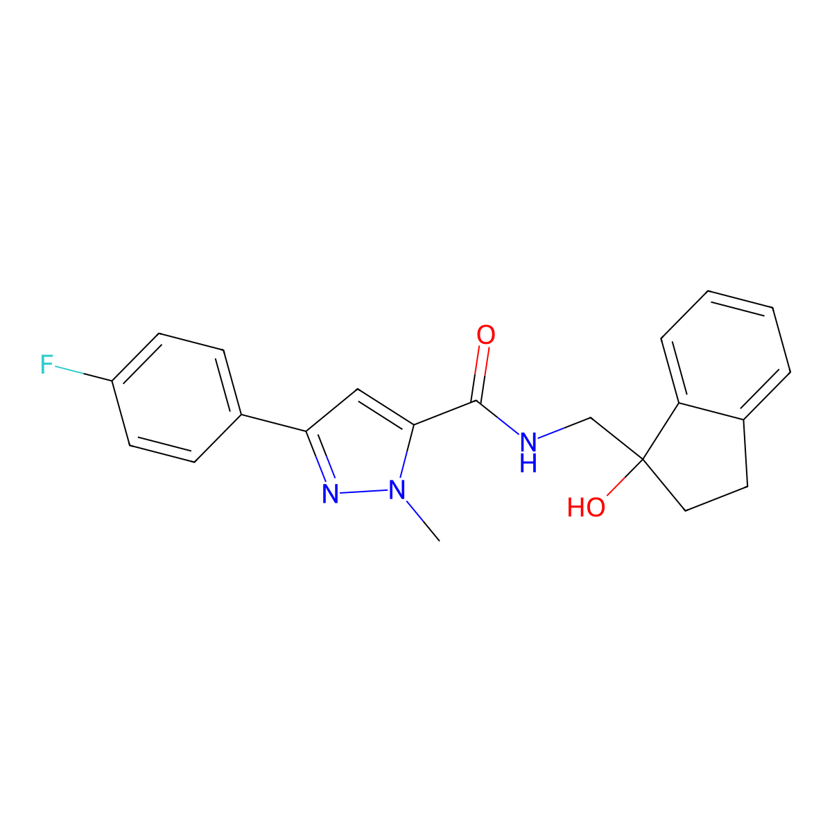 3-(4-fluorophenyl)-N-[(1-hydroxy-2,3-dihydro-1H-inden-1-yl)methyl]-1-methyl-1H-pyrazole-5-carboxamide molecular structure, CAS 1396782-87-8