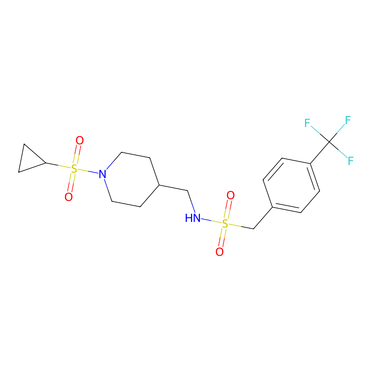 N-((1-(cyclopropylsulfonyl)piperidin-4-yl)methyl)-1-(4-(trifluoromethyl)phenyl)methanesulfonamide molecular structure, CAS 1396783-01-9