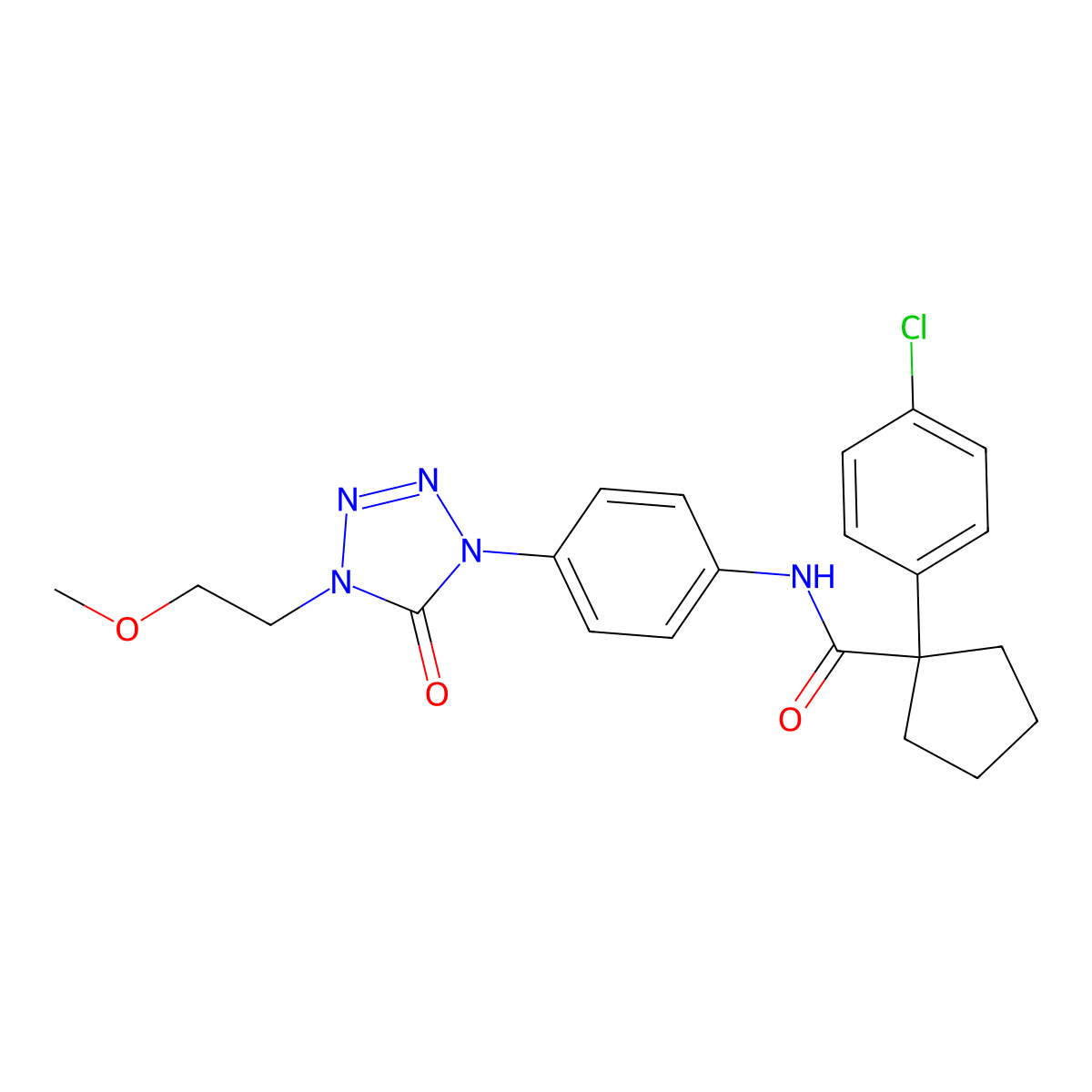 1-(4-chlorophenyl)-N-(4-(4-(2-methoxyethyl)-5-oxo-4,5-dihydro-1H-tetrazol-1-yl)phenyl)cyclopentanecarboxamide molecular structure, CAS 1396783-06-4