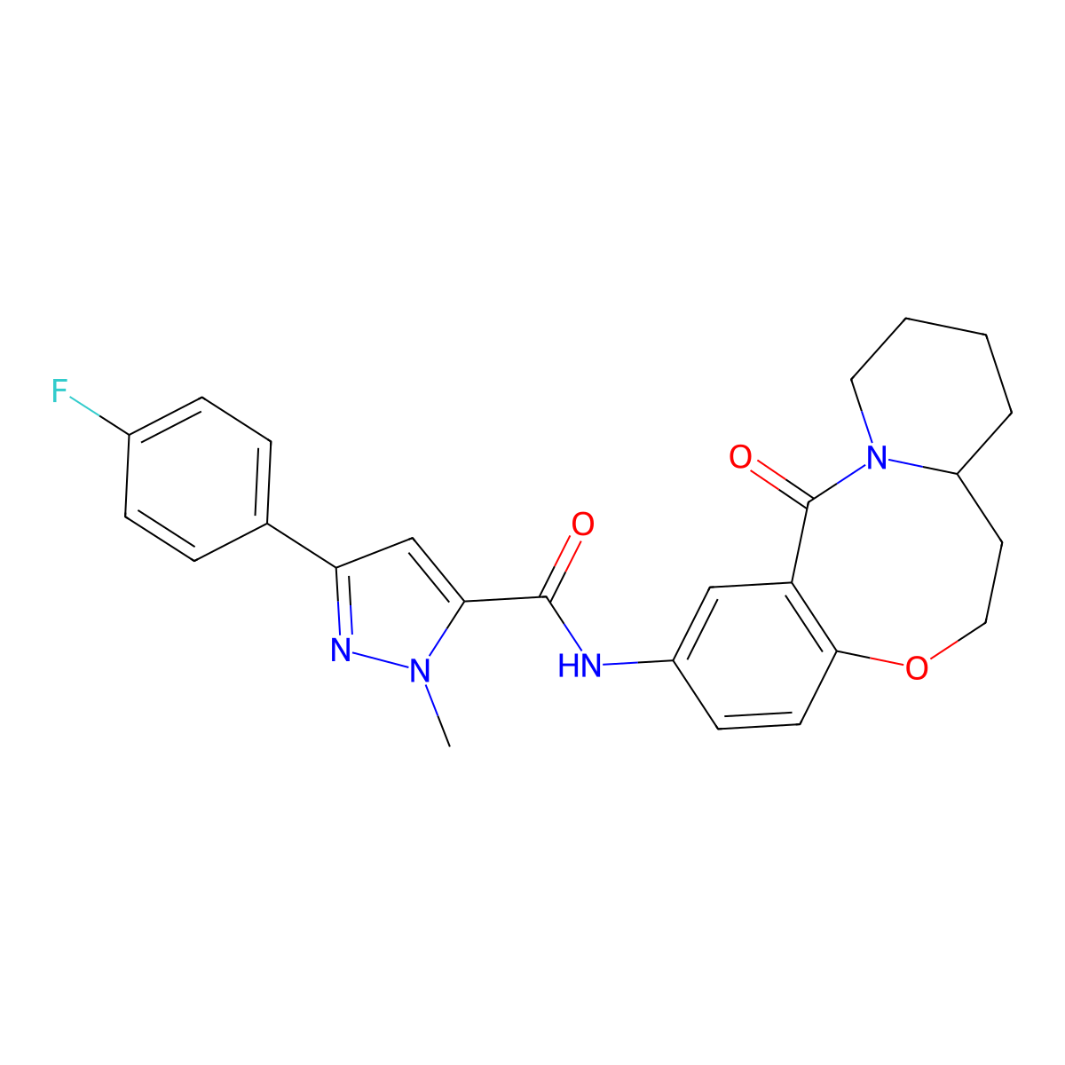 3-(4-fluorophenyl)-1-methyl-N-{2-oxo-9-oxa-1-azatricyclo[10.4.0.0^{3,8}]hexadeca-3,5,7-trien-5-yl}-1H-pyrazole-5-carboxamide molecular structure, CAS 1396783-32-6