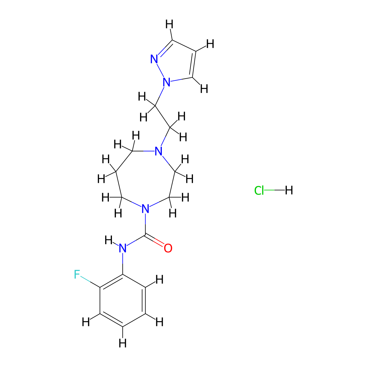 4-(2-(1H-pyrazol-1-yl)ethyl)-N-(2-fluorophenyl)-1,4-diazepane-1-carboxamide hydrochloride molecular structure, CAS 1396783-34-8