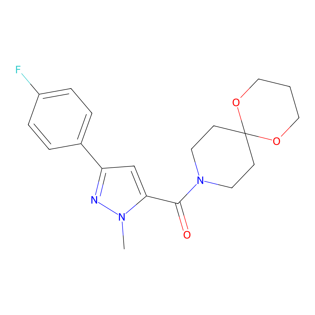 (3-(4-fluorophenyl)-1-methyl-1H-pyrazol-5-yl)(1,5-dioxa-9-azaspiro[5.5]undecan-9-yl)methanone molecular structure, CAS 1396783-43-9