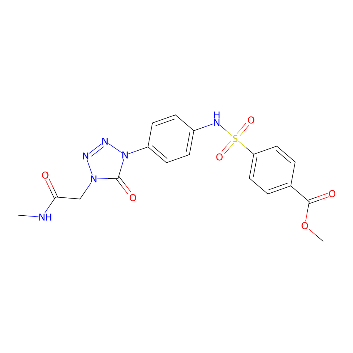 methyl 4-(N-(4-(4-(2-(methylamino)-2-oxoethyl)-5-oxo-4,5-dihydro-1H-tetrazol-1-yl)phenyl)sulfamoyl)benzoate molecular structure, CAS 1396783-44-0
