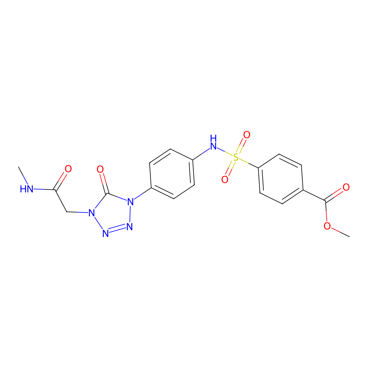 methyl 4-(N-(4-(4-(2-(methylamino)-2-oxoethyl)-5-oxo-4,5-dihydro-1H-tetrazol-1-yl)phenyl)sulfamoyl)benzoate molecular structure, CAS 1396783-44-0