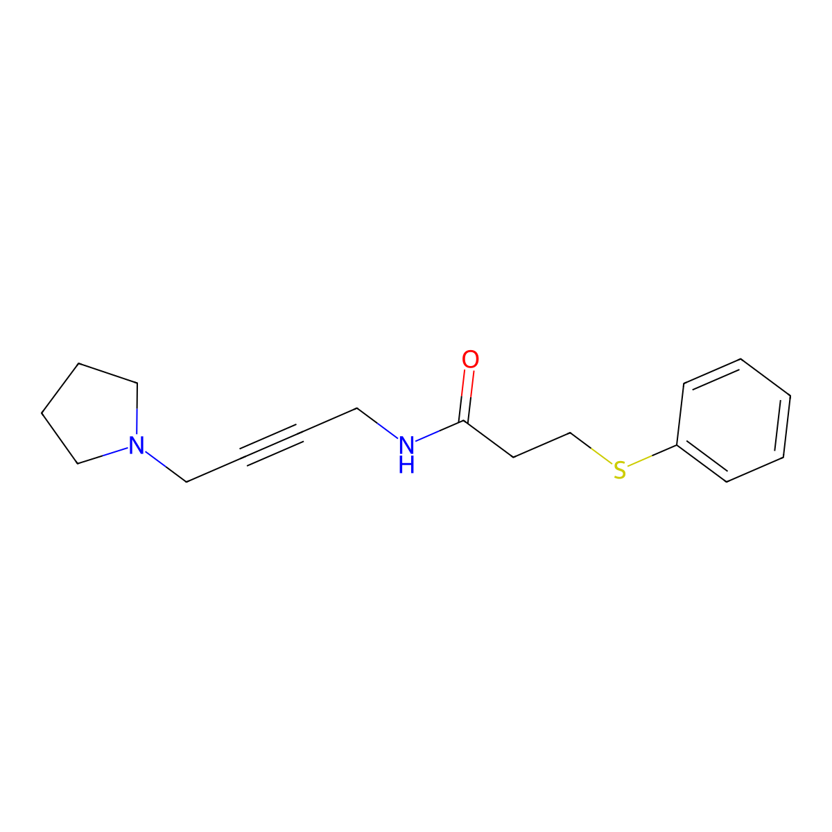 3-(phenylthio)-N-(4-(pyrrolidin-1-yl)but-2-yn-1-yl)propanamide molecular structure, CAS 1396783-46-2