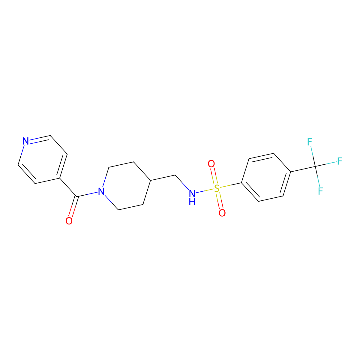 N-((1-isonicotinoylpiperidin-4-yl)methyl)-4-(trifluoromethyl)benzenesulfonamide molecular structure, CAS 1396783-63-3