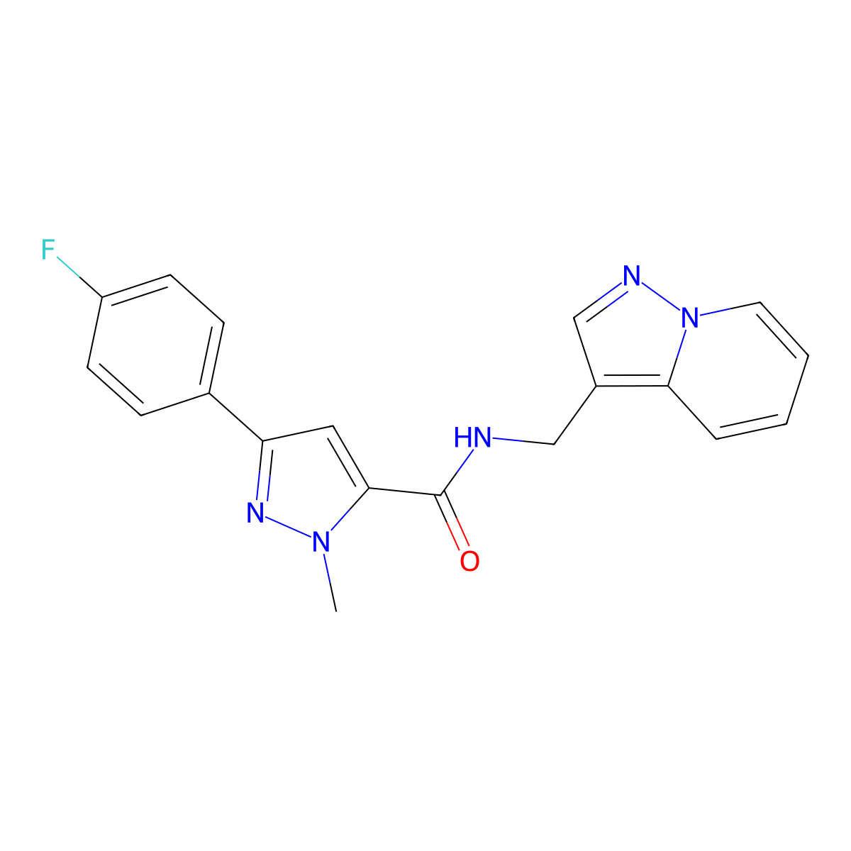 3-(4-fluorophenyl)-1-methyl-N-(pyrazolo[1,5-a]pyridin-3-ylmethyl)-1H-pyrazole-5-carboxamide molecular structure, CAS 1396783-64-4