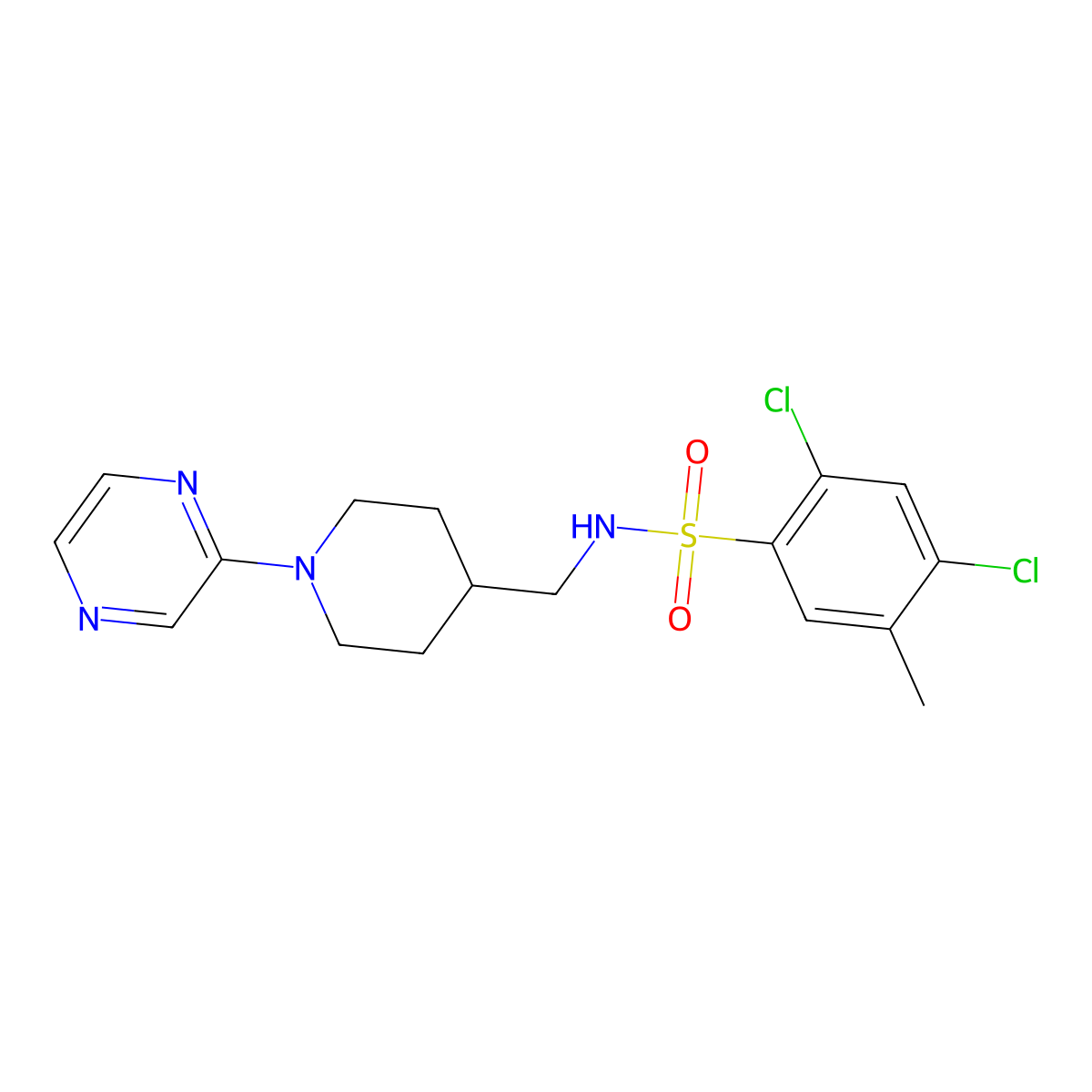 2,4-dichloro-5-methyl-N-((1-(pyrazin-2-yl)piperidin-4-yl)methyl)benzenesulfonamide molecular structure, CAS 1396783-99-5