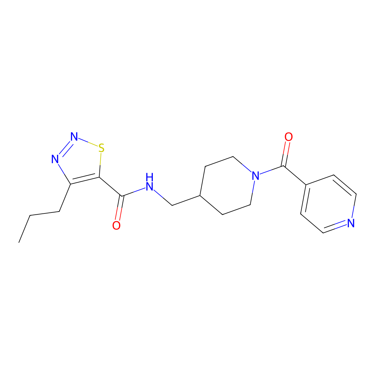 N-((1-isonicotinoylpiperidin-4-yl)methyl)-4-propyl-1,2,3-thiadiazole-5-carboxamide molecular structure, CAS 1396784-06-7