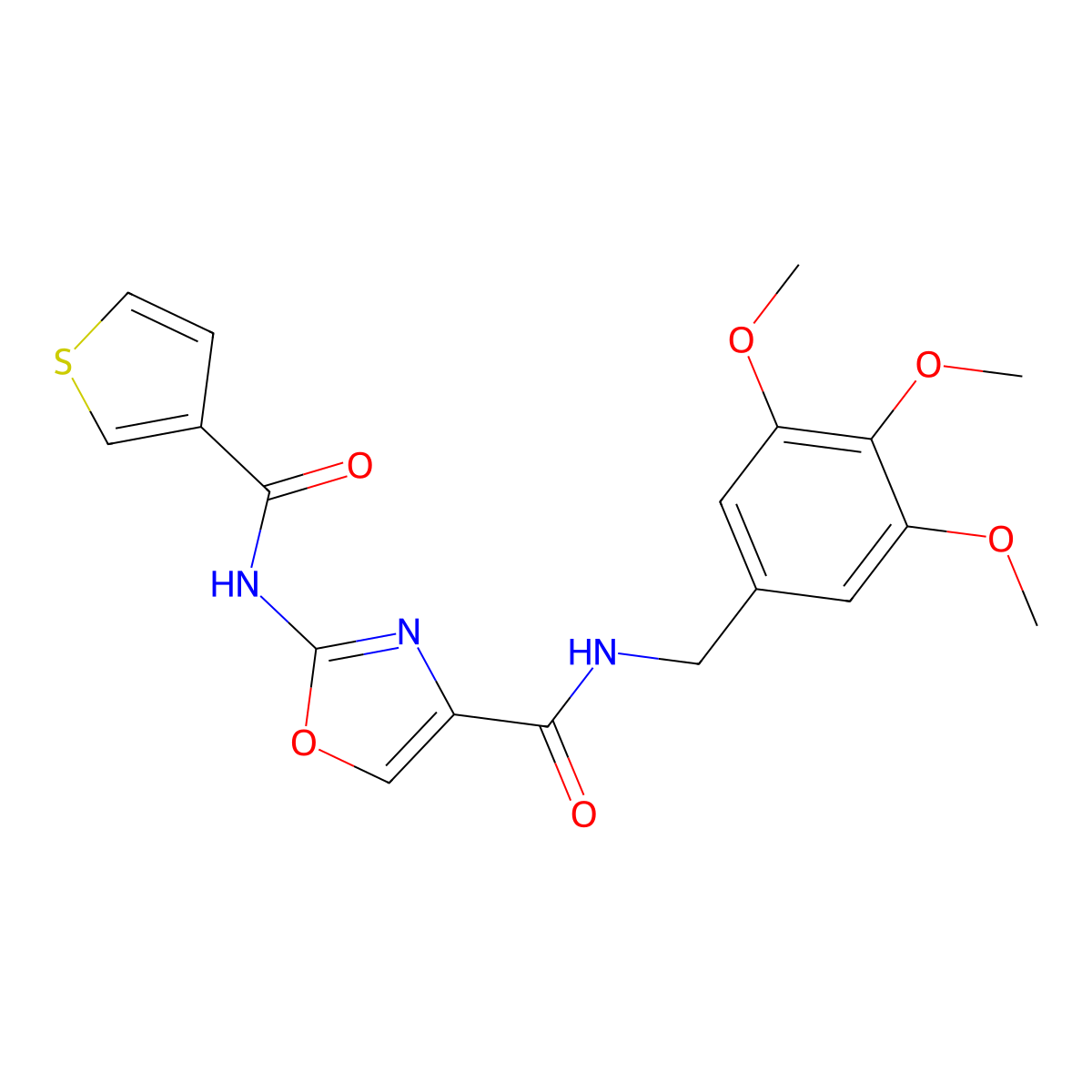 2-(thiophene-3-carboxamido)-N-(3,4,5-trimethoxybenzyl)oxazole-4-carboxamide molecular structure, CAS 1396784-21-6