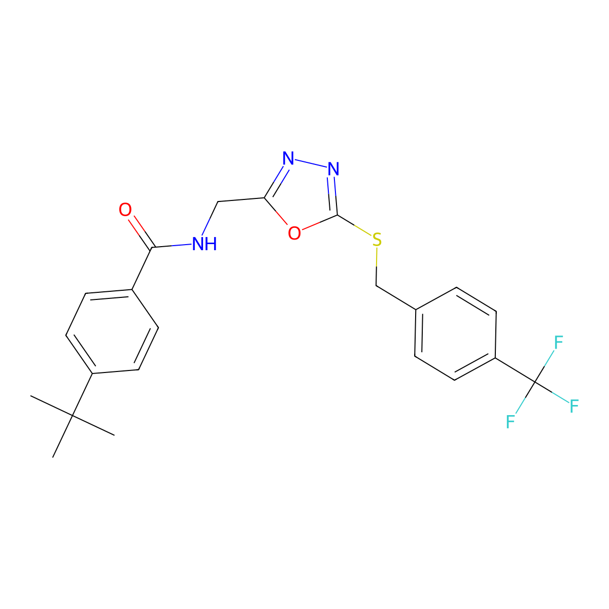 4-(tert-butyl)-N-((5-((4-(trifluoromethyl)benzyl)thio)-1,3,4-oxadiazol-2-yl)methyl)benzamide molecular structure, CAS 1396784-27-2