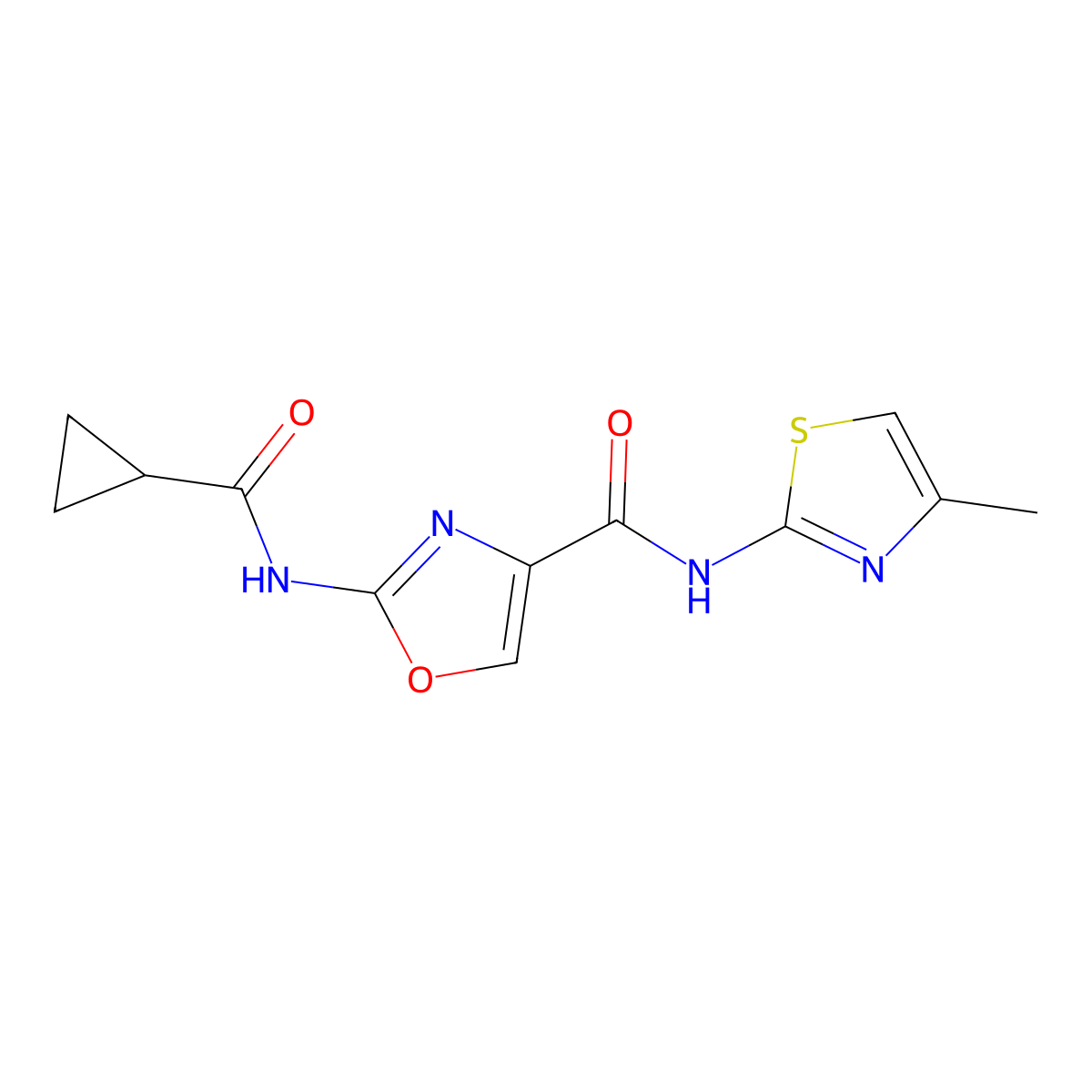 2-(cyclopropanecarboxamido)-N-(4-methylthiazol-2-yl)oxazole-4-carboxamide molecular structure, CAS 1396784-29-4