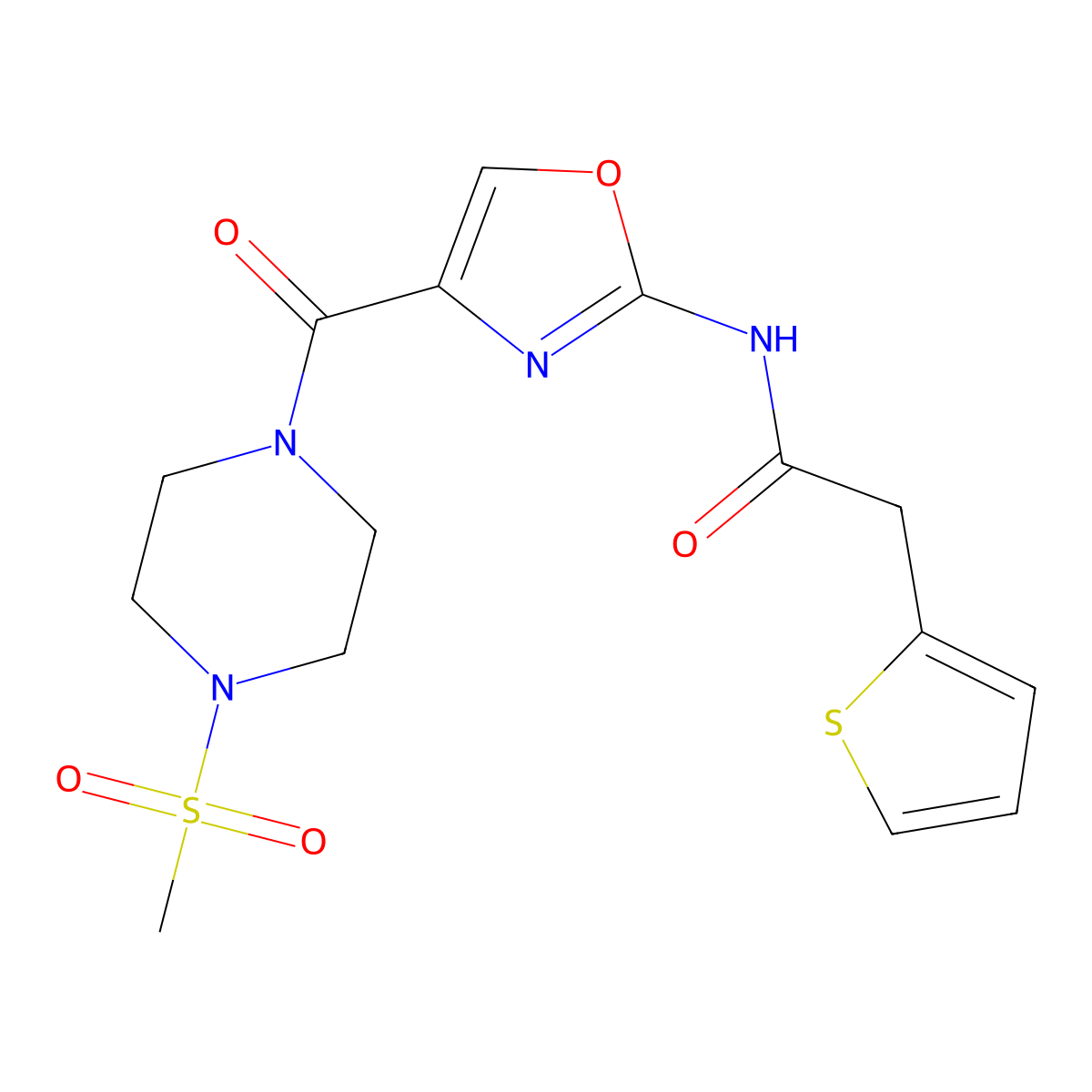 N-(4-(4-(methylsulfonyl)piperazine-1-carbonyl)oxazol-2-yl)-2-(thiophen-2-yl)acetamide molecular structure, CAS 1396784-33-0