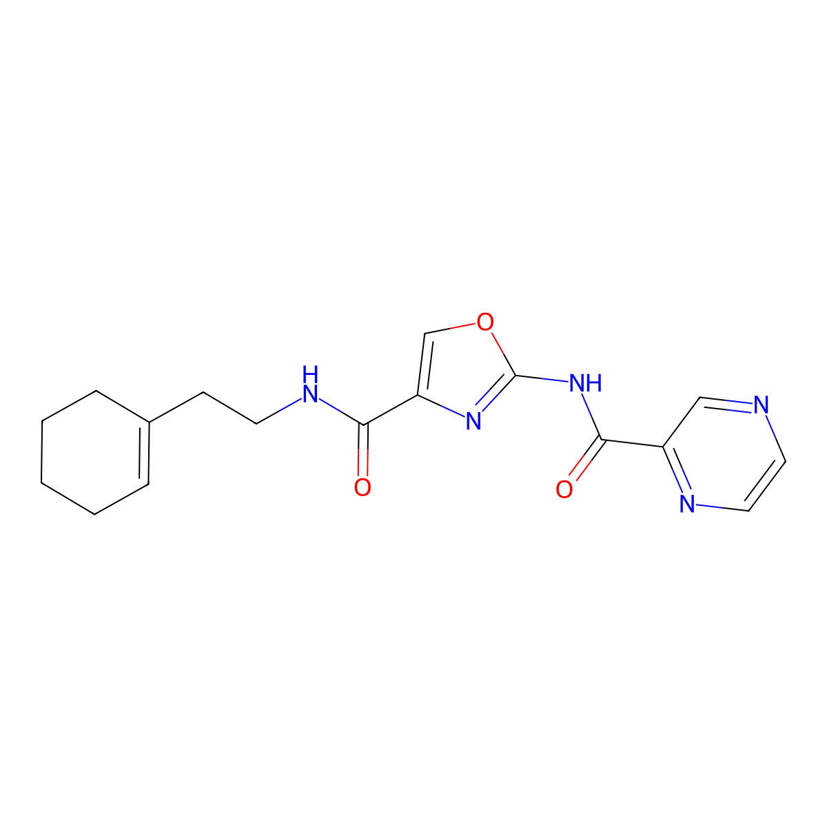 N-(2-(cyclohex-1-en-1-yl)ethyl)-2-(pyrazine-2-carboxamido)oxazole-4-carboxamide molecular structure, CAS 1396784-40-9