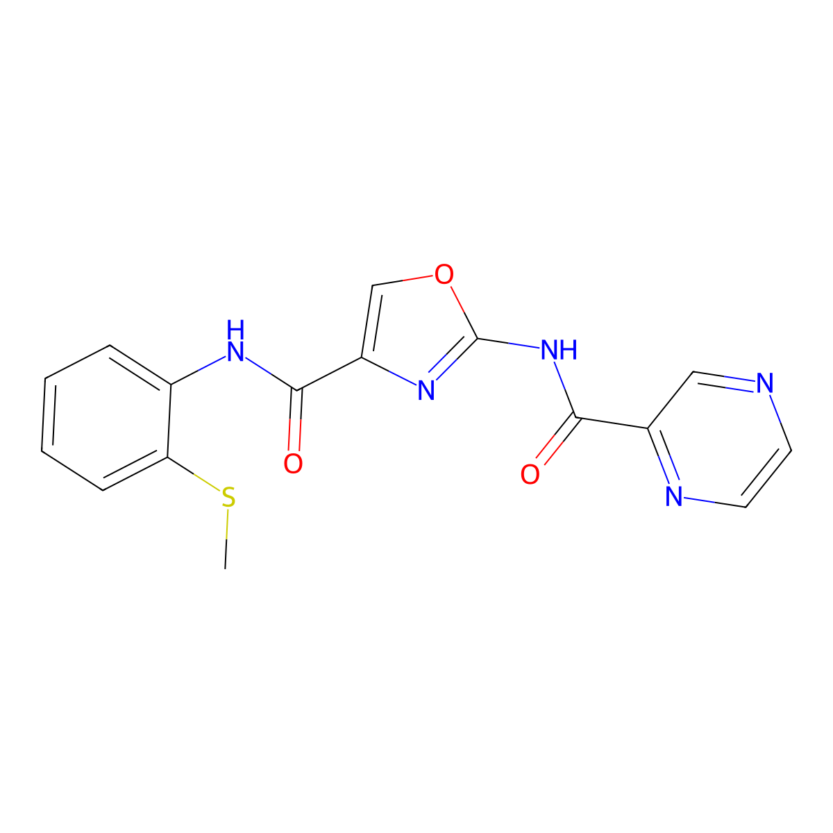 N-(2-(methylthio)phenyl)-2-(pyrazine-2-carboxamido)oxazole-4-carboxamide molecular structure, CAS 1396784-41-0