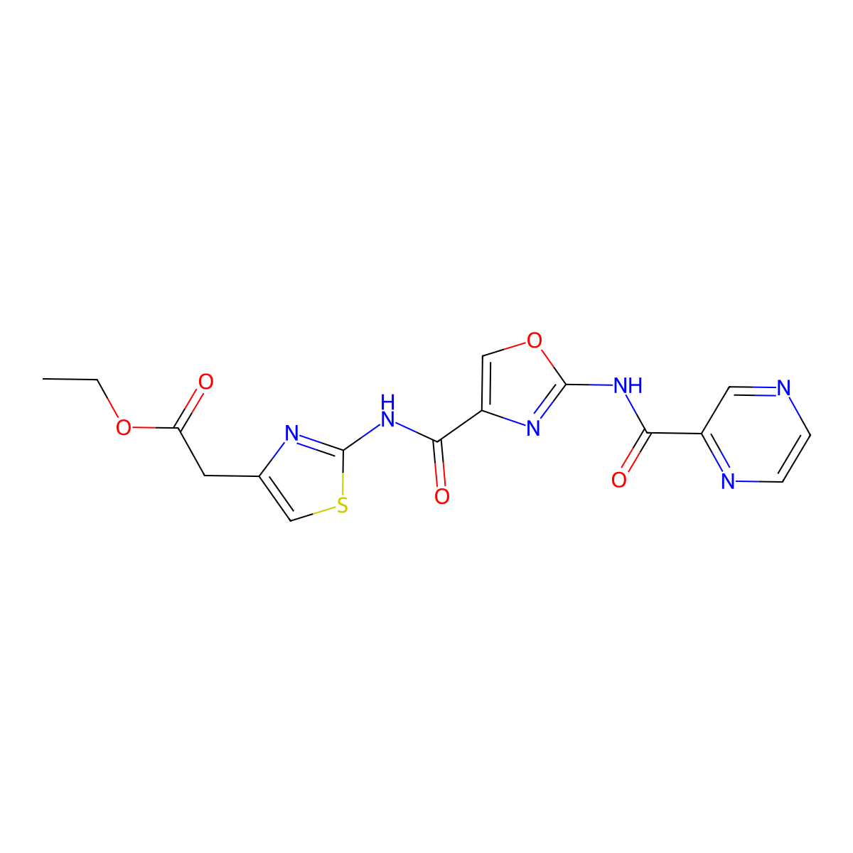 Ethyl 2-(2-(2-(pyrazine-2-carboxamido)oxazole-4-carboxamido)thiazol-4-yl)acetate molecular structure, CAS 1396784-44-3