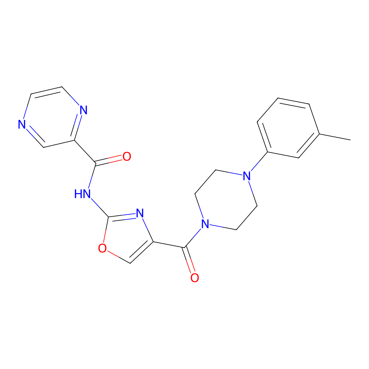 2-Pyrazinecarboxamide, N-[4-[[4-(3-methylphenyl)-1-piperazinyl]carbonyl]-2-oxazolyl]- molecular structure, CAS 1396784-47-6