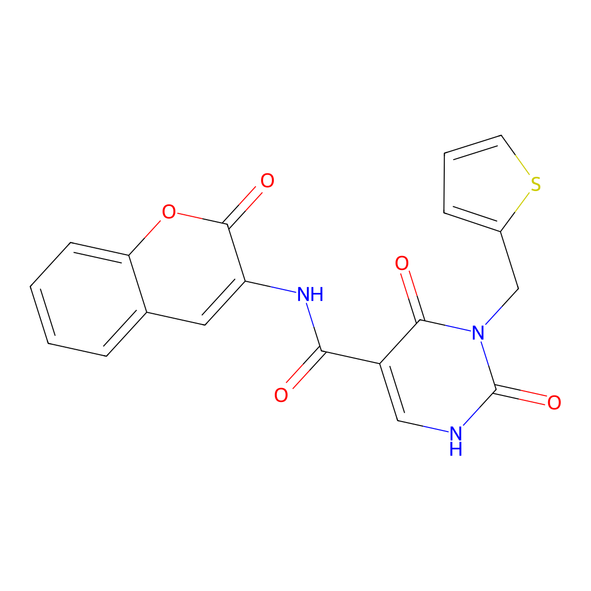 2,4-dioxo-N-(2-oxo-2H-chromen-3-yl)-3-(thiophen-2-ylmethyl)-1,2,3,4-tetrahydropyrimidine-5-carboxamide molecular structure, CAS 1396784-69-2