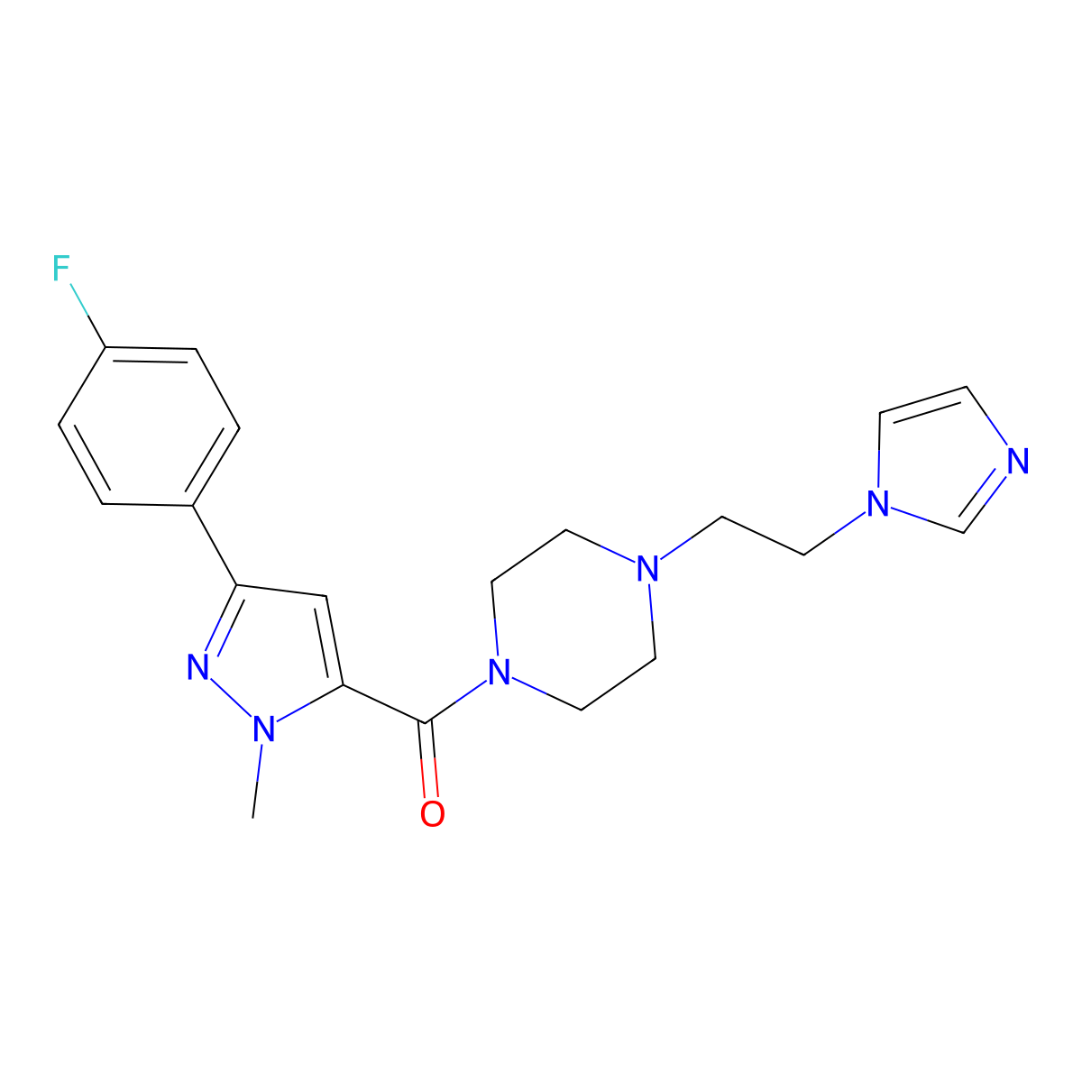 (4-(2-(1H-imidazol-1-yl)ethyl)piperazin-1-yl)(3-(4-fluorophenyl)-1-methyl-1H-pyrazol-5-yl)methanone molecular structure, CAS 1396784-70-5