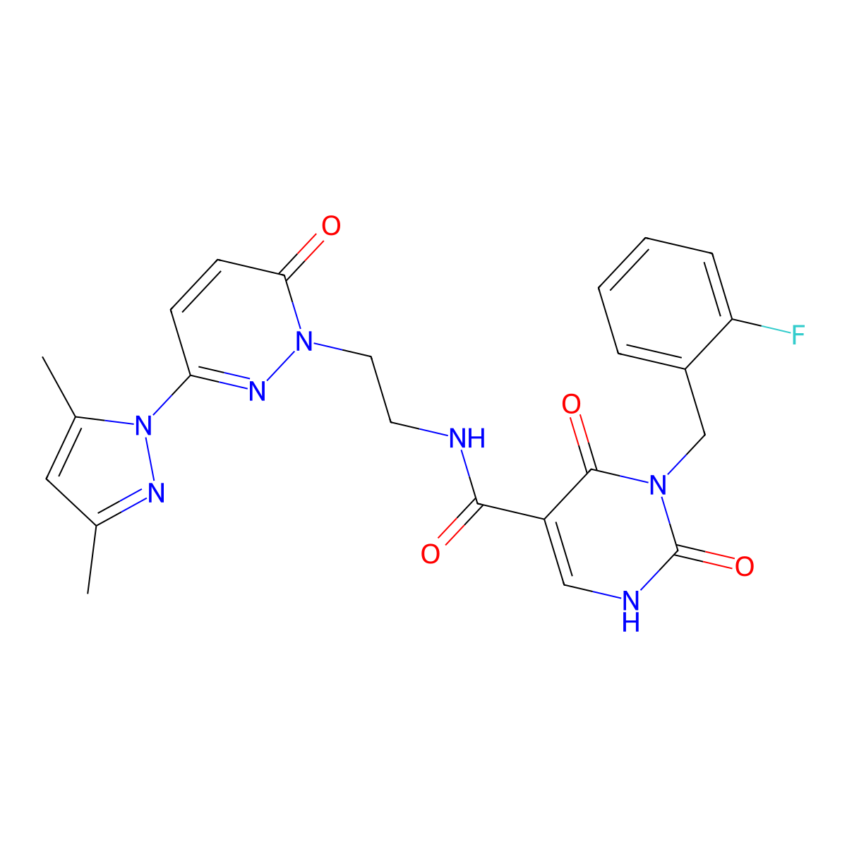 N-(2-(3-(3,5-dimethyl-1H-pyrazol-1-yl)-6-oxopyridazin-1(6H)-yl)ethyl)-3-(2-fluorobenzyl)-2,4-dioxo-1,2,3,4-tetrahydropyrimidine-5-carboxamide molecular structure, CAS 1396784-74-9