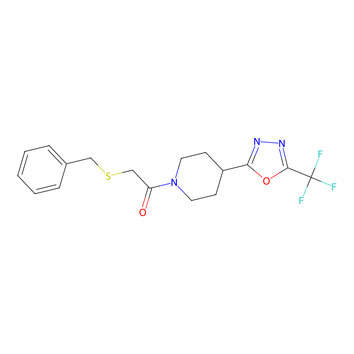 2-(Benzylthio)-1-(4-(5-(trifluoromethyl)-1,3,4-oxadiazol-2-yl)piperidin-1-yl)ethanone molecular structure, CAS 1396784-99-8
