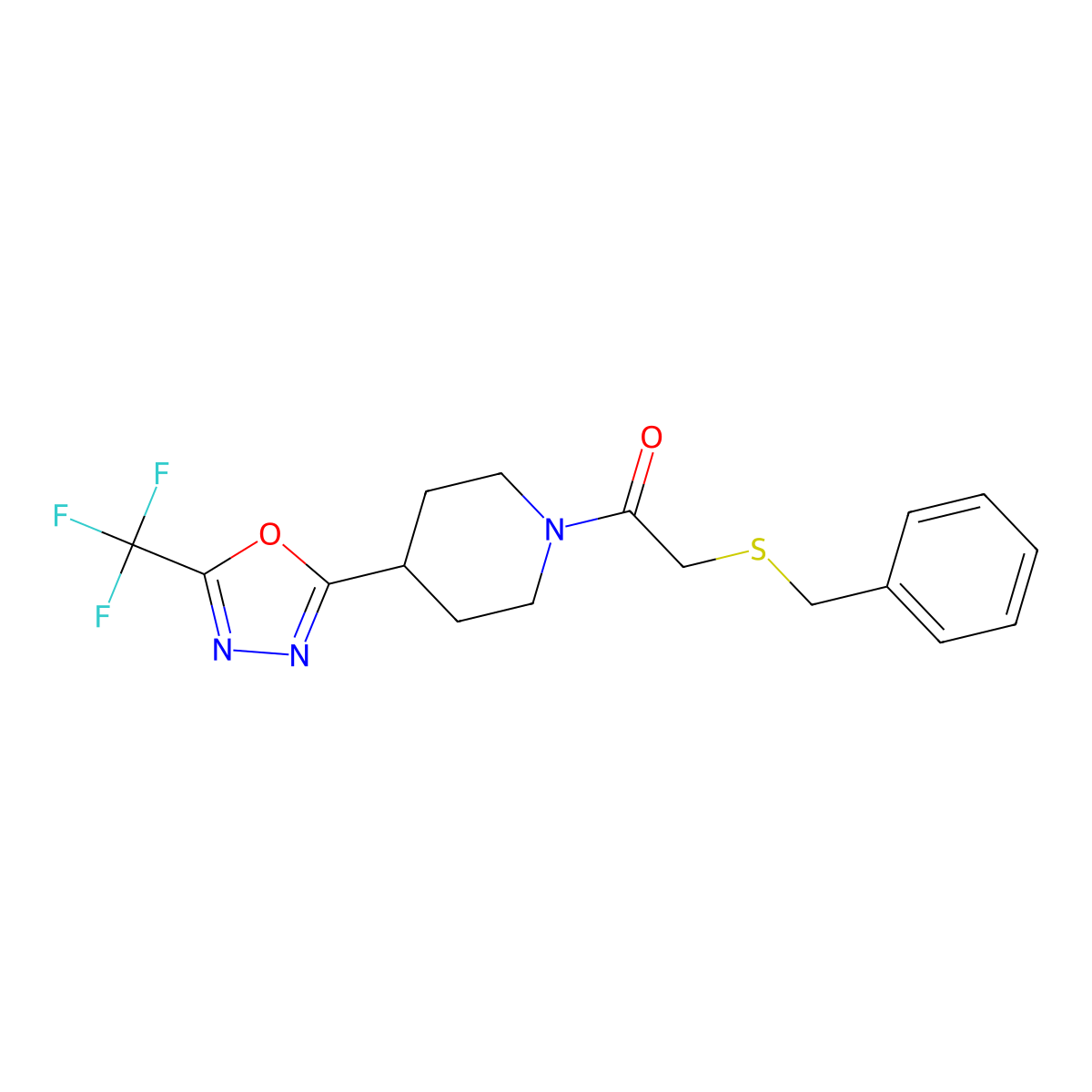 2-(Benzylthio)-1-(4-(5-(trifluoromethyl)-1,3,4-oxadiazol-2-yl)piperidin-1-yl)ethanone molecular structure, CAS 1396784-99-8