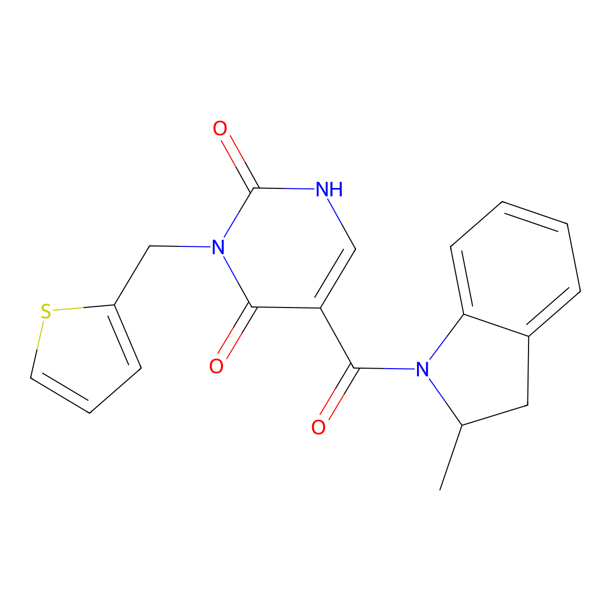 5-(2-methylindoline-1-carbonyl)-3-(thiophen-2-ylmethyl)pyrimidine-2,4(1H,3H)-dione molecular structure, CAS 1396785-05-9