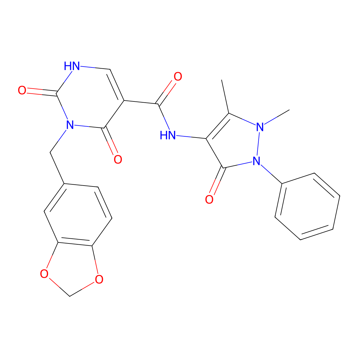 3-(benzo[d][1,3]dioxol-5-ylmethyl)-N-(1,5-dimethyl-3-oxo-2-phenyl-2,3-dihydro-1H-pyrazol-4-yl)-2,4-dioxo-1,2,3,4-tetrahydropyrimidine-5-carboxamide molecular structure, CAS 1396785-20-8