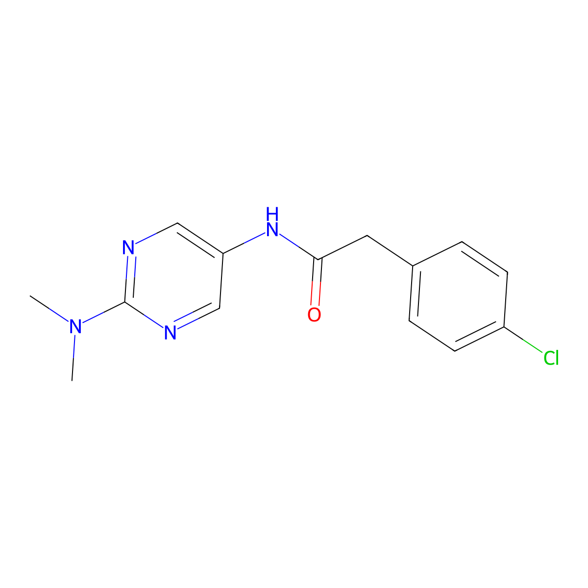 2-(4-chlorophenyl)-N-(2-(dimethylamino)pyrimidin-5-yl)acetamide molecular structure, CAS 1396785-56-0
