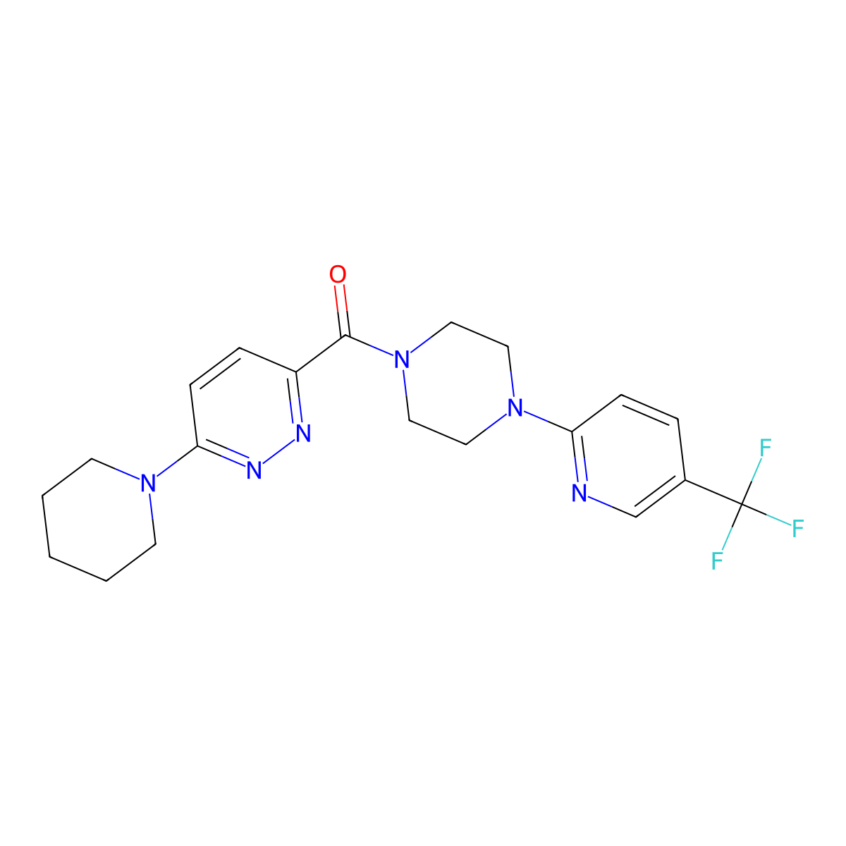(6-(Piperidin-1-yl)pyridazin-3-yl)(4-(5-(trifluoromethyl)pyridin-2-yl)piperazin-1-yl)methanone molecular structure, CAS 1396785-73-1