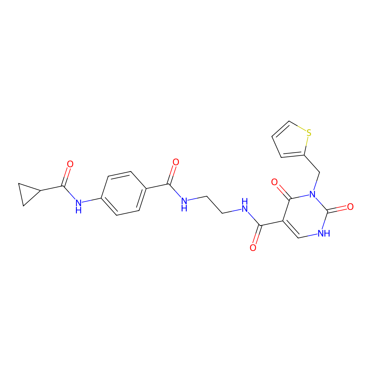 N-(2-(4-(cyclopropanecarboxamido)benzamido)ethyl)-2,4-dioxo-3-(thiophen-2-ylmethyl)-1,2,3,4-tetrahydropyrimidine-5-carboxamide molecular structure, CAS 1396785-93-5