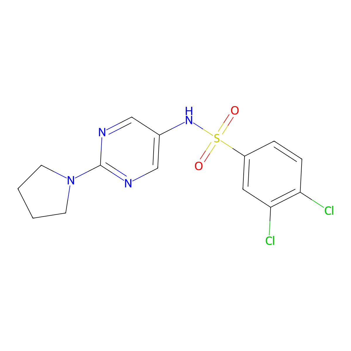 3,4-dichloro-N-(2-(pyrrolidin-1-yl)pyrimidin-5-yl)benzenesulfonamide molecular structure, CAS 1396786-12-1