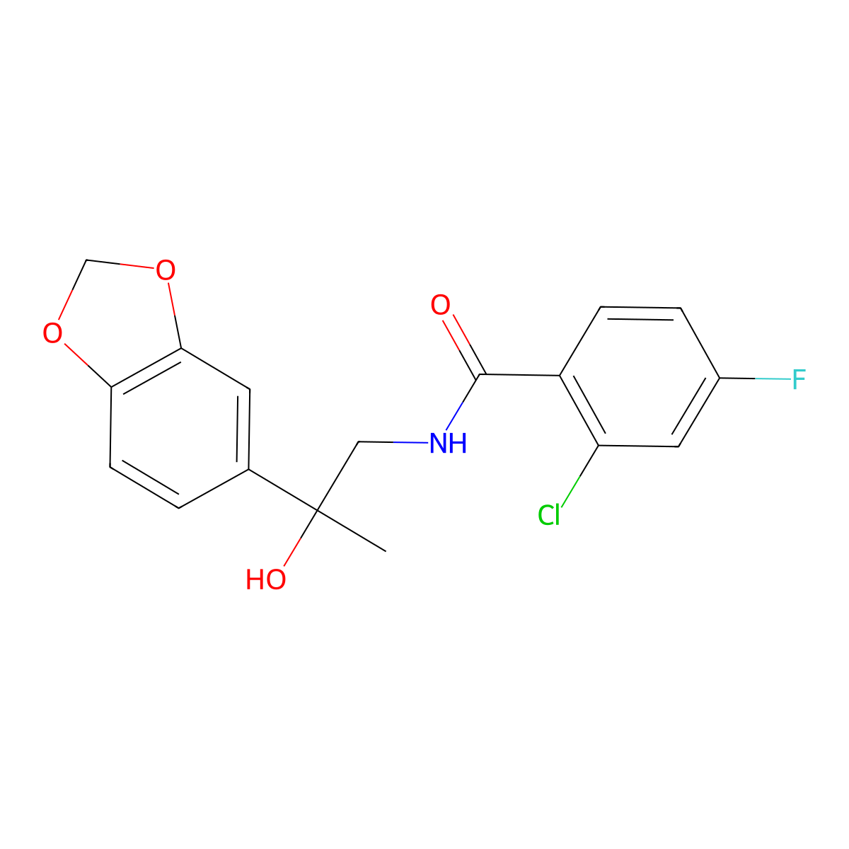 N-(2-(benzo[d][1,3]dioxol-5-yl)-2-hydroxypropyl)-2-chloro-4-fluorobenzamide molecular structure, CAS 1396786-23-4