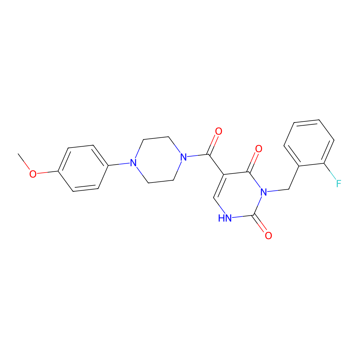 3-(2-fluorobenzyl)-5-(4-(4-methoxyphenyl)piperazine-1-carbonyl)pyrimidine-2,4(1H,3H)-dione molecular structure, CAS 1396786-25-6