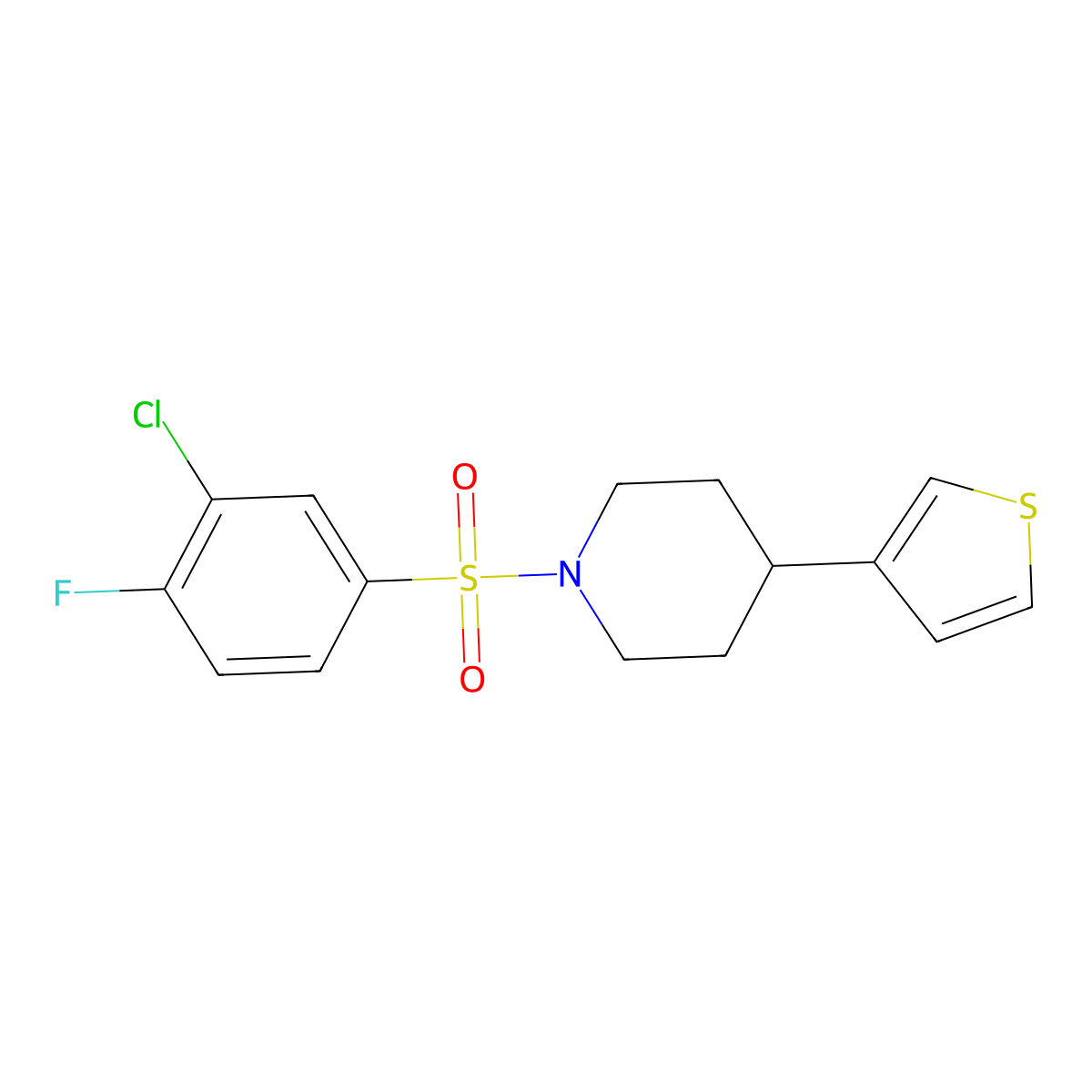 1-((3-Chloro-4-fluorophenyl)sulfonyl)-4-(thiophen-3-yl)piperidine molecular structure, CAS 1396786-31-4
